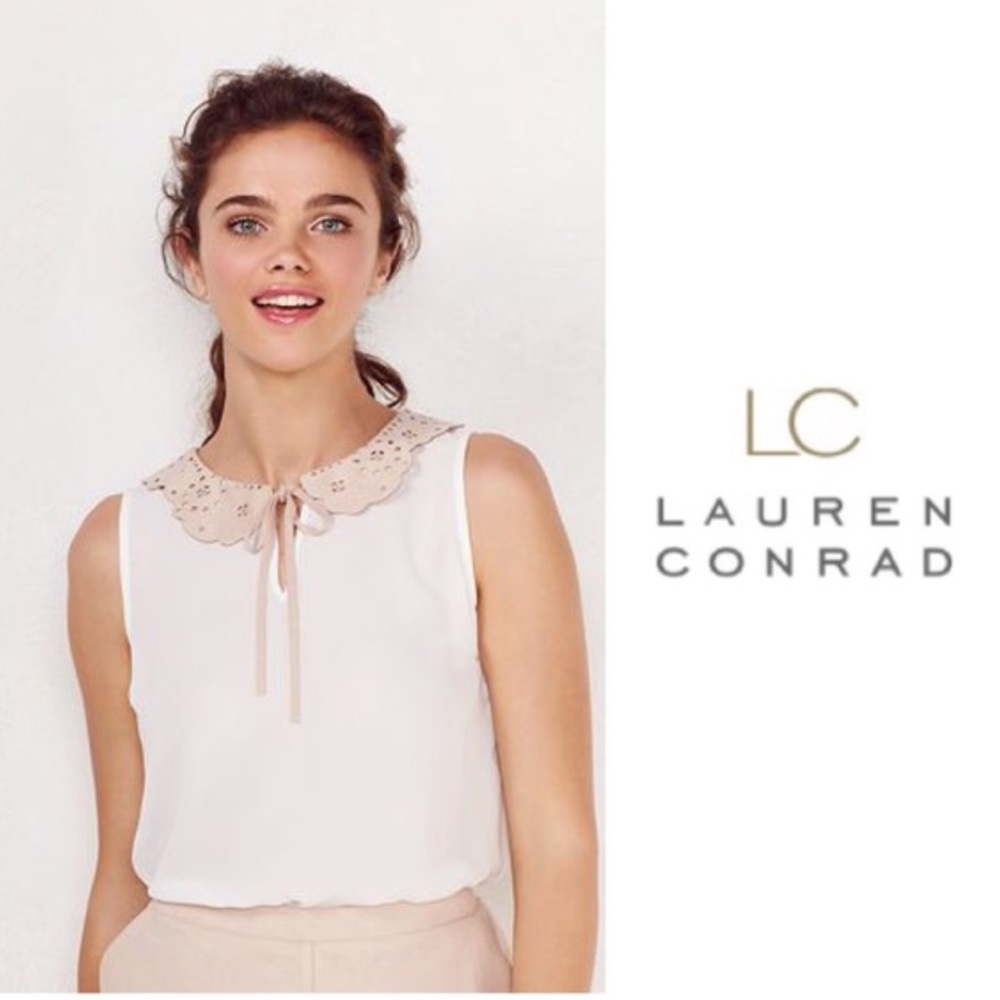 LC Lauren Conrad white blouse with self tie collar